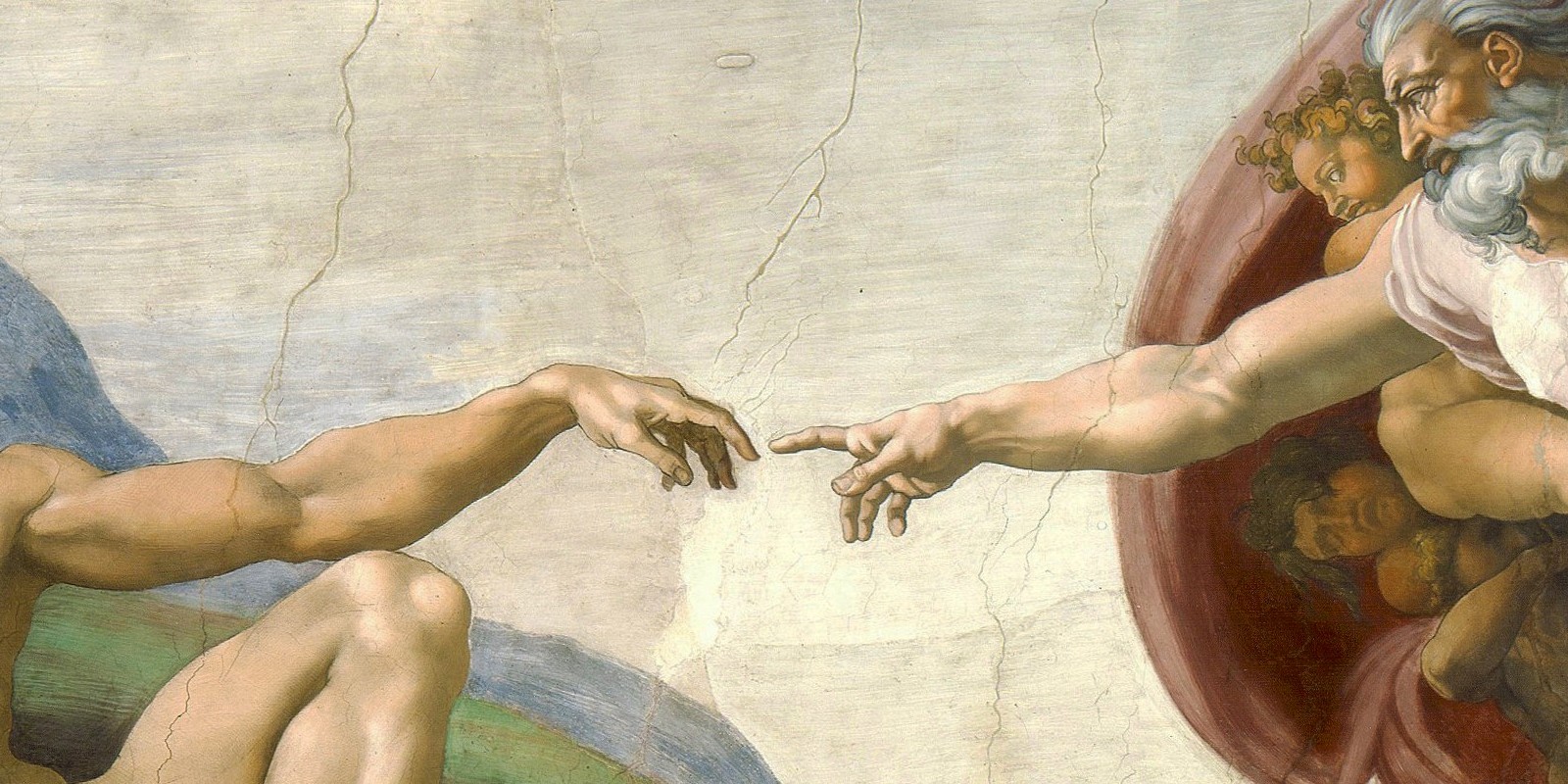 Detail from Michelangelo's The Creation of Adam: the hands of God and Adam reaching toward each other, fingers almost but not quite touching.